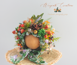Woodlands, Forest Inspired Flower Bonnet for 6-24 Months| Photography Prop| Berries, Forest Fruits