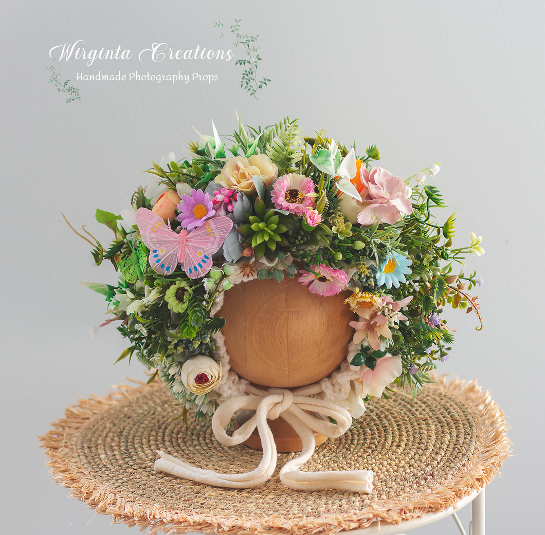 Meadow Flower Bonnet for 6-24 Months| Photography Prop| Green, Pink, Beige Flower Headpiece