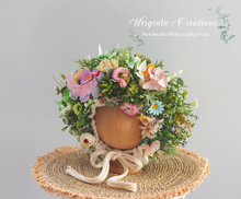 Load image into Gallery viewer, Meadow Flower Bonnet for 6-24 Months| Photography Prop| Green, Pink, Beige Flower Headpiece