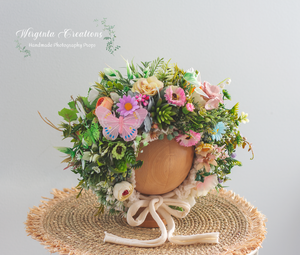Meadow Flower Bonnet for 6-24 Months| Photography Prop| Green, Pink, Beige Flower Headpiece