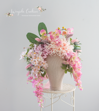 Load image into Gallery viewer, Large cascading headpiece decorated with artificial flowers for adult. Pink. Photography Crown