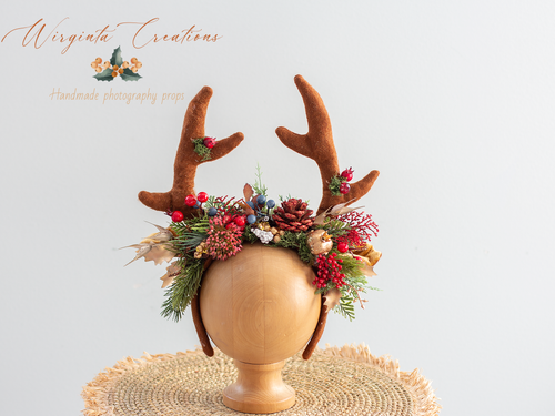 Festive Fawn Antler Headband - Handmade Christmas Photography Headband with Berries & Bits