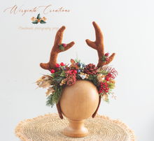 Load image into Gallery viewer, Festive Fawn Antler Headband - Handmade Christmas Photography Headband with Berries &amp; Bits