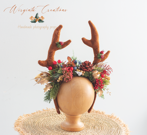 Festive Fawn Antler Headband - Handmade Christmas Photography Headband with Berries & Bits