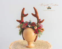 Load image into Gallery viewer, Festive Fawn Antler Headband - Handmade Christmas Photography Headband with Berries &amp; Bits