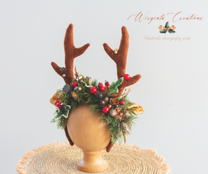 Festive Fawn Antler Headband - Handmade Christmas Photography Headband with Berries & Bits