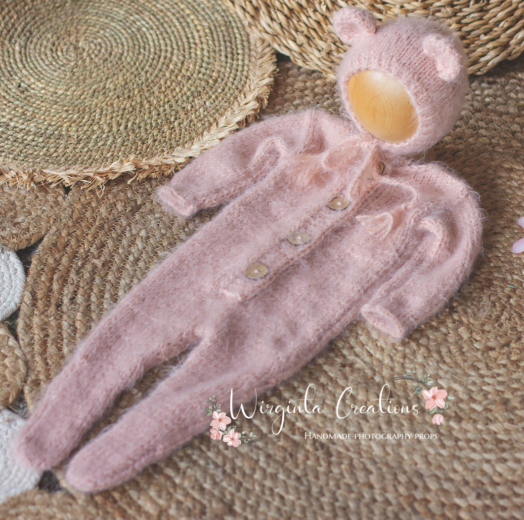 Blush Pink Knitted Newborn Outfit with Matching Bonnet - Photo Prop