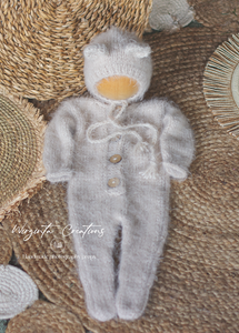 Mushroom Beige Knitted Newborn Outfit with Matching Bonnet - Photo Prop