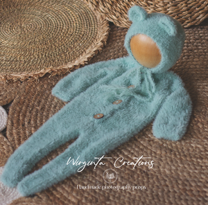 Mint Knitted Newborn Outfit with Matching Bonnet - Photo Prop
