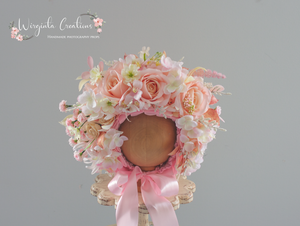 Pink, Cream, White flower bonnet for 12-24 months old. Photography prop