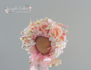 Pink, Cream, White Flower Bonnet for 12-24 Months Old | Photography Prop | Artificial Flower Headpiece