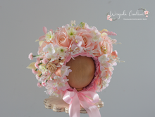 Load image into Gallery viewer, Pink, Cream, White Flower Bonnet for 12-24 Months Old | Photography Prop | Artificial Flower Headpiece