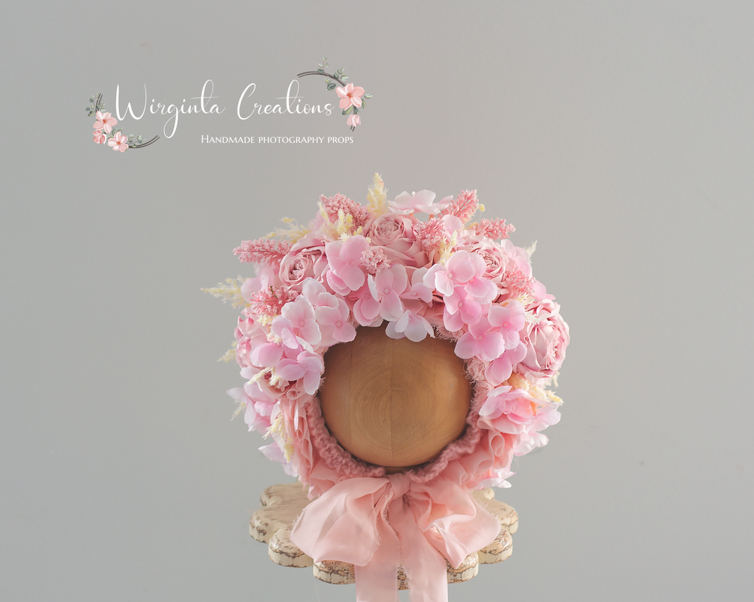 Light Pink, Peach Flower Bonnet for 12-24 Months Old | Photography Prop | Artificial Flower Headpiece