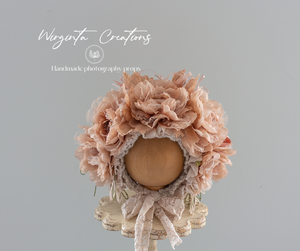 Flower Bonnet for 12-24 Months Old | Photography Prop | Pale Brown, Beige | Artificial Flower Headpiece