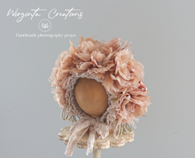 Load image into Gallery viewer, Flower Bonnet for 12-24 Months Old | Photography Prop | Pale Brown, Beige | Artificial Flower Headpiece