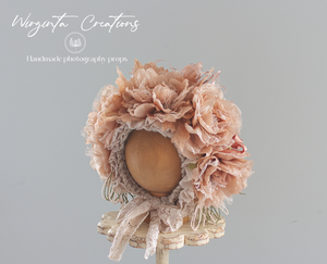 Flower Bonnet for 12-24 Months Old | Photography Prop | Pale Brown, Beige | Artificial Flower Headpiece