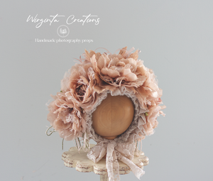 Flower Bonnet for 12-24 Months Old | Photography Prop | Pale Brown, Beige | Artificial Flower Headpiece