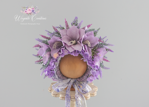 Flower Bonnet for Babies 12-24 Months | Lilac| Artificial Lilies and Lavender Flower Headpiece for Photography