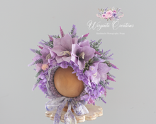 Load image into Gallery viewer, Flower Bonnet for Babies 12-24 Months | Lilac| Artificial Lilies and Lavender Flower Headpiece for Photography