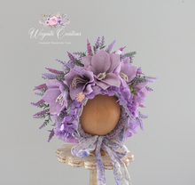 Load image into Gallery viewer, Flower Bonnet for Babies 12-24 Months | Lilac| Artificial Lilies and Lavender Flower Headpiece for Photography