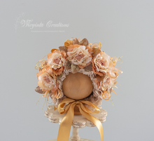 Load image into Gallery viewer, Handmade Flower Bonnet for Babies 12-24 Months | Gold, Beige, Brown | Artificial Flower Headpiece for Photography