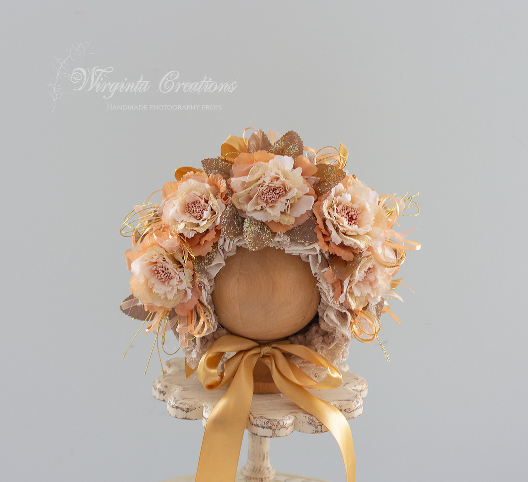Handmade Flower Bonnet for Babies 12-24 Months | Gold, Beige, Brown | Artificial Flower Headpiece for Photography