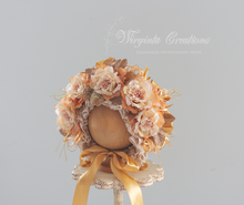 Load image into Gallery viewer, Handmade Flower Bonnet for Babies 12-24 Months | Gold, Beige, Brown | Artificial Flower Headpiece for Photography
