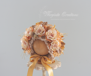 Handmade Flower Bonnet for Babies 12-24 Months | Gold, Beige, Brown | Artificial Flower Headpiece for Photography
