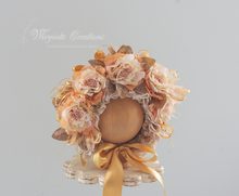 Load image into Gallery viewer, Handmade Flower Bonnet for Babies 12-24 Months | Gold, Beige, Brown | Artificial Flower Headpiece for Photography