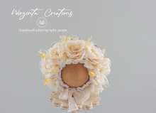 Load image into Gallery viewer, Handmade Flower Bonnet for Babies 12-24 Months | Cream, Beige, White | Artificial Flower Headpiece for Photography