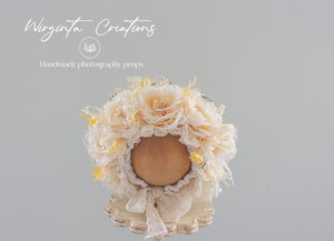 Handmade Flower Bonnet for Babies 12-24 Months | Cream, Beige, White | Artificial Flower Headpiece for Photography