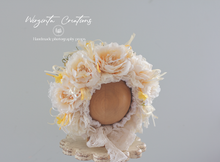 Load image into Gallery viewer, Handmade Flower Bonnet for Babies 12-24 Months | Cream, Beige, White | Artificial Flower Headpiece for Photography
