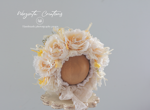Handmade Flower Bonnet for Babies 12-24 Months | Cream, Beige, White | Artificial Flower Headpiece for Photography