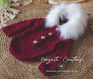 Handmade Burgundy Knitted Hooded Romper Photography Prop for 9-18 Months Old, Unique Stitch, White Faux Fur