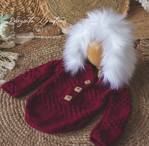 Handmade Burgundy Knitted Hooded Romper Photography Prop for 9-18 Months Old, Unique Stitch, White Faux Fur