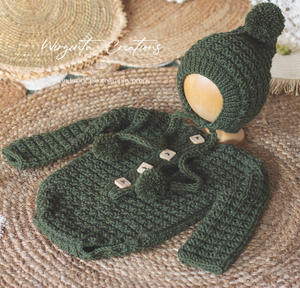 Khaki Knitted Romper and Matching Bonnet for 9-18 months old. Unique Stitch. Photography Prop, Outfit