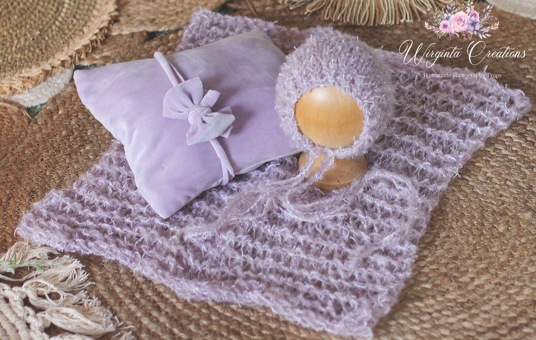 Newborn set | Lilac| Knitted Layer, Bonnet, Pillow and Bow Tieback | Handmade | Ready to Send