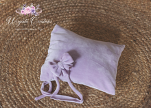 Load image into Gallery viewer, Newborn set | Lilac| Knitted Layer, Bonnet, Pillow and Bow Tieback | Handmade | Ready to Send