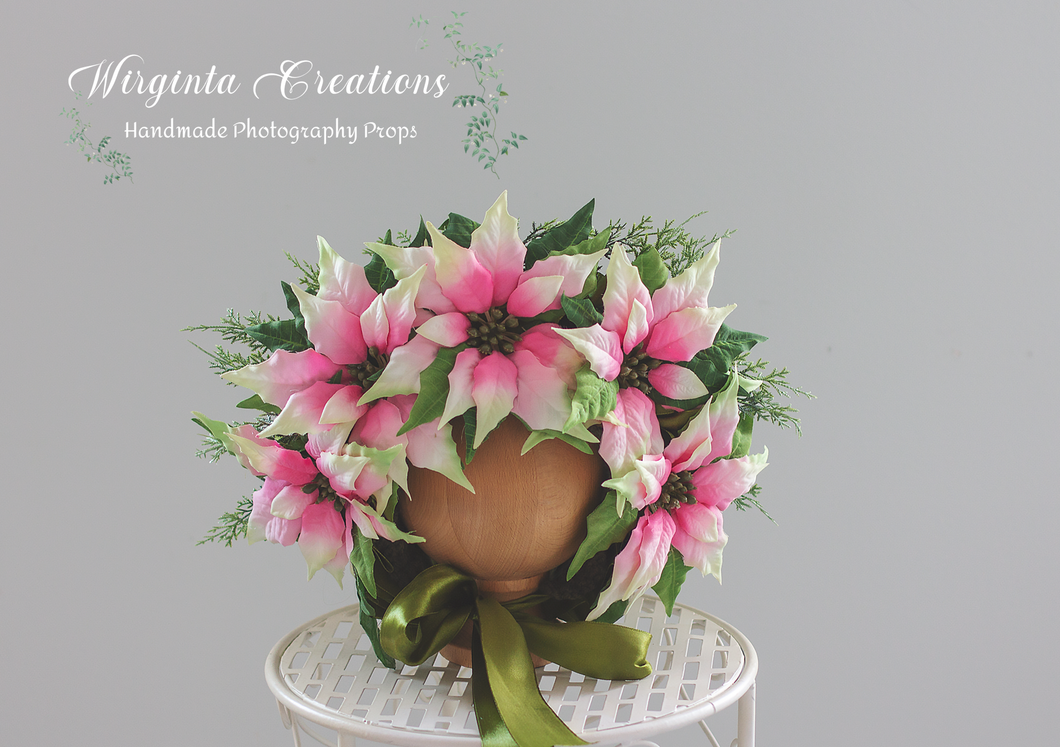 Handmade Flower Bonnet for 12-24 Months Old | Pink, White, Green | Poinsettia | Artificial Flower Headpiece for Photography