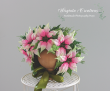 Load image into Gallery viewer, Handmade Flower Bonnet for 12-24 Months Old | Pink, White, Green | Poinsettia | Artificial Flower Headpiece for Photography