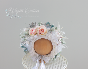 Flower Bonnet for 12-24 Months Old | Christmas Photography Prop | White, Pale Pink, Mint, Gold | Artificial Flower Headpiece