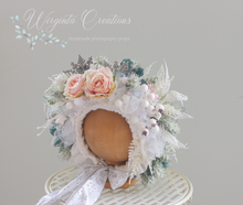 Load image into Gallery viewer, Flower Bonnet for 12-24 Months Old | Christmas Photography Prop | White, Pale Pink, Mint, Gold | Artificial Flower Headpiece