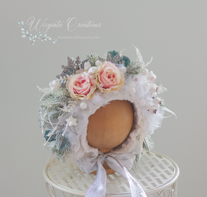Flower Bonnet for 12-24 Months Old | Christmas Photography Prop | White, Pale Pink, Mint, Gold | Artificial Flower Headpiece