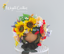 Load image into Gallery viewer, Sunflower Flower Bonnet | Floral Photo Prop for 12-24 Months | Green, Yellow, Red | Ready to send