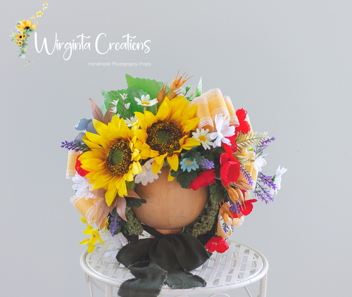 Sunflower Flower Bonnet | Floral Photo Prop for 12-24 Months | Green, Yellow, Red | Ready to send