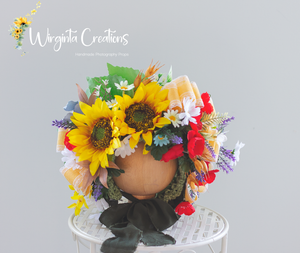 Sunflower Flower Bonnet | Floral Photo Prop for 12-24 Months | Green, Yellow, Red | Ready to send
