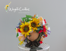 Load image into Gallery viewer, Sunflower Flower Bonnet | Floral Photo Prop for 12-24 Months | Green, Yellow, Red | Ready to send
