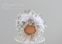 Load image into Gallery viewer, Flower Bonnet for 12-24 Months Old | Christmas Photography Prop | White, Pale Pink | Artificial Flower Headpiece