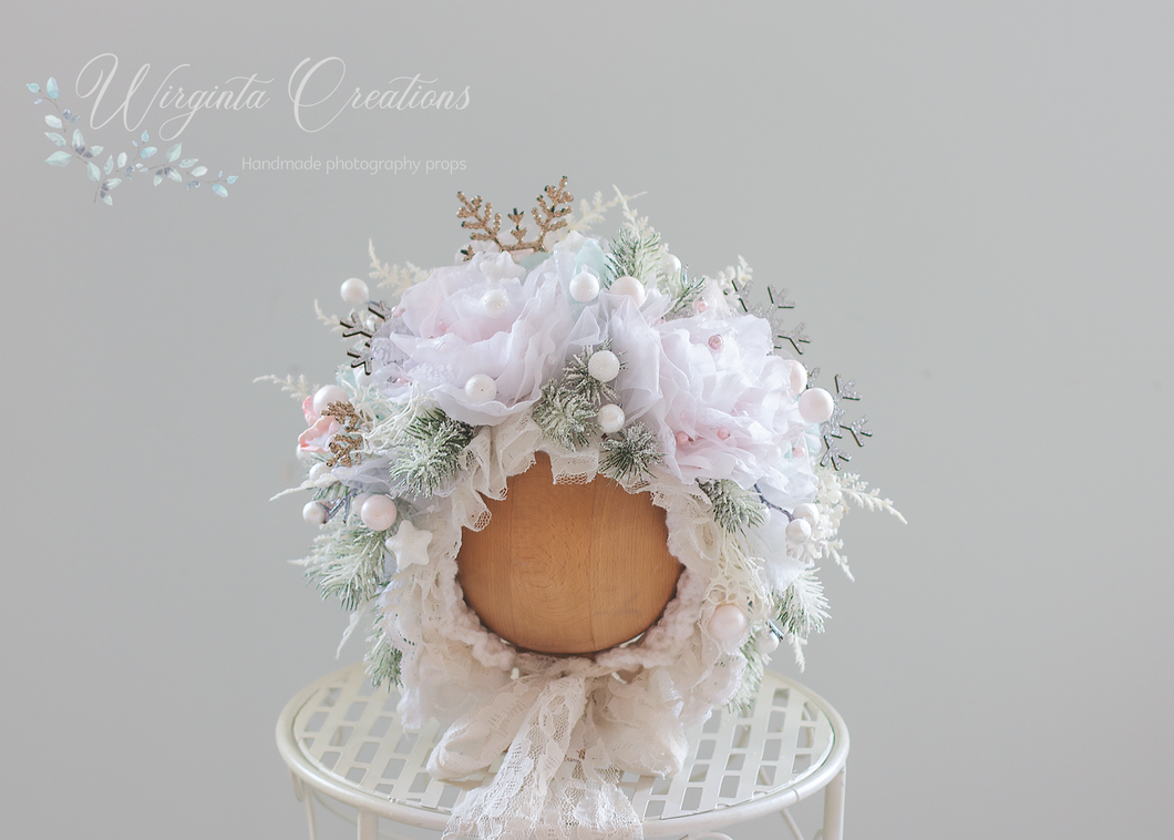Flower Bonnet for 12-24 Months Old | Christmas Photography Prop | White, Pale Pink | Artificial Flower Headpiece