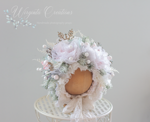 Flower Bonnet for 12-24 Months Old | Christmas Photography Prop | White, Pale Pink | Artificial Flower Headpiece